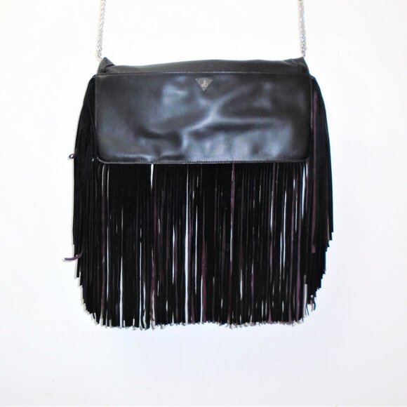 NEW SAM EDELMAN FIFI BLACK LEATHER SUEDE FRINGE PURSE HANDBAG CROSSBODY CLUTCH - Picture 1 of 14